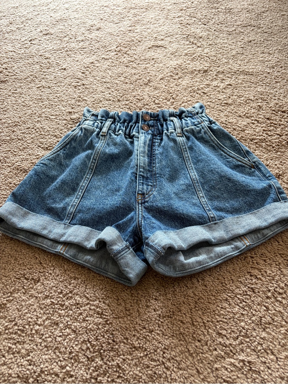 Abercrombie High-Waist Paperbag Denim Shorts - Blue